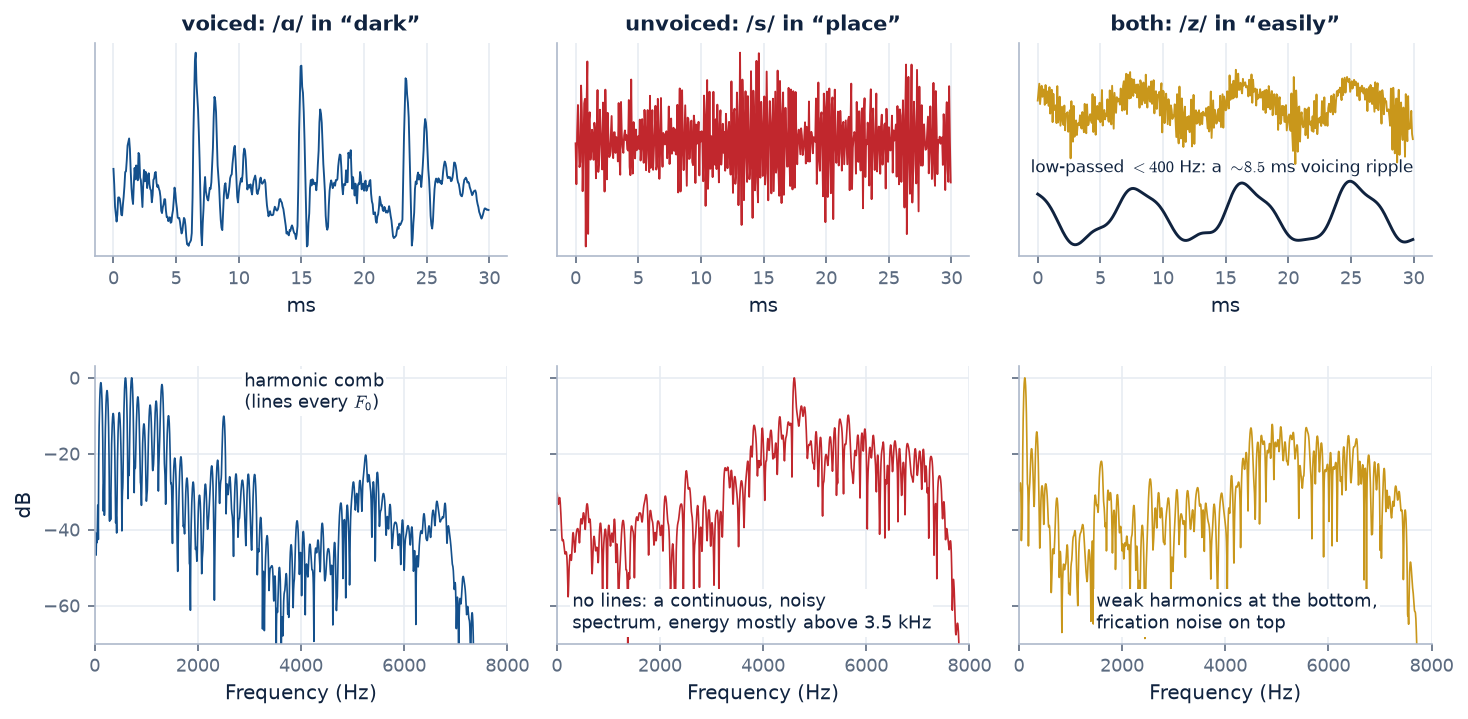 Waveforms and spectra of a voiced vowel in dark, an unvoiced s in place and a voiced z in easily