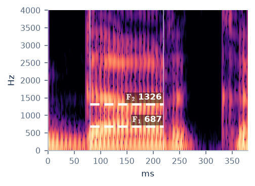 Spectrogram of dark with F1 687 Hz and F2 1326 Hz marked